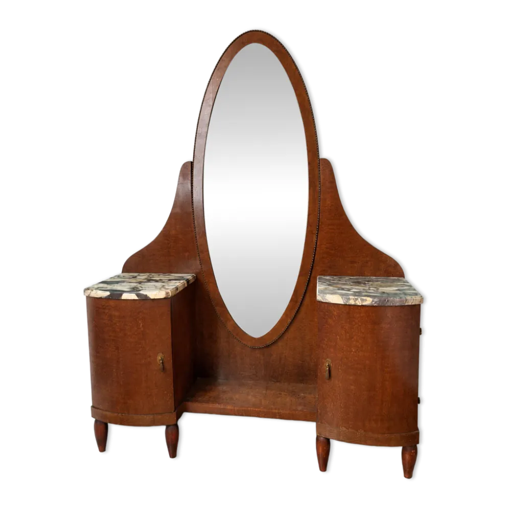 Coiffeuse Art Déco en bois et marbre, grand miroir ovale, années 30-40