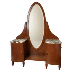 Coiffeuse Art Déco en bois et marbre, grand miroir ovale, années 30-40