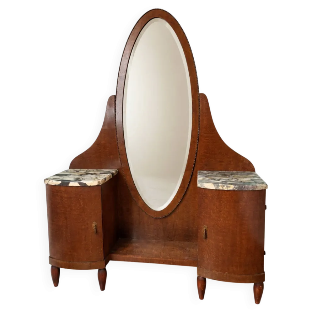 Coiffeuse Art Déco en bois et marbre, grand miroir ovale, années 30-40