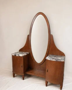 Coiffeuse Art Déco en bois et marbre, grand miroir ovale, années 30-40