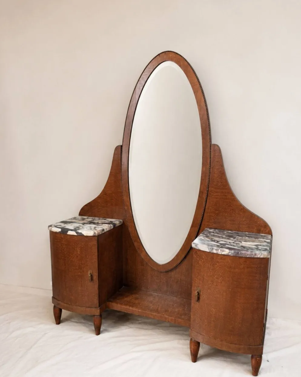 Coiffeuse Art Déco en bois et marbre, grand miroir ovale, années 30-40