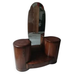 Coiffeuse Art Déco en bois marron avec miroir et armoires latérales Shrager Brothers (1930s)