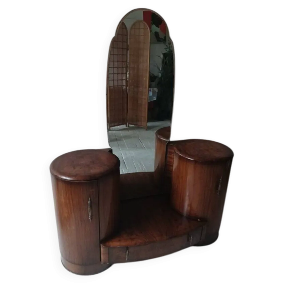 Coiffeuse Art Déco en bois marron avec miroir et armoires latérales Shrager Brothers (1930s)