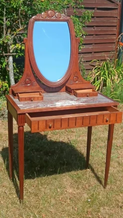 Coiffeuse Art déco en chêne, plateau en marbre et miroir pivotant
