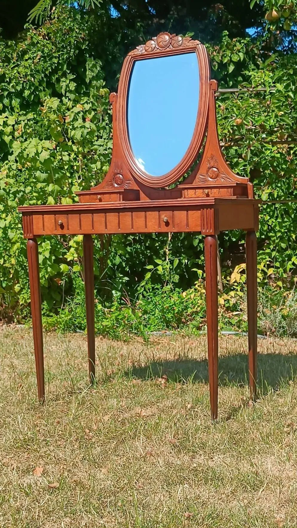 Coiffeuse Art déco en chêne, plateau en marbre et miroir pivotant