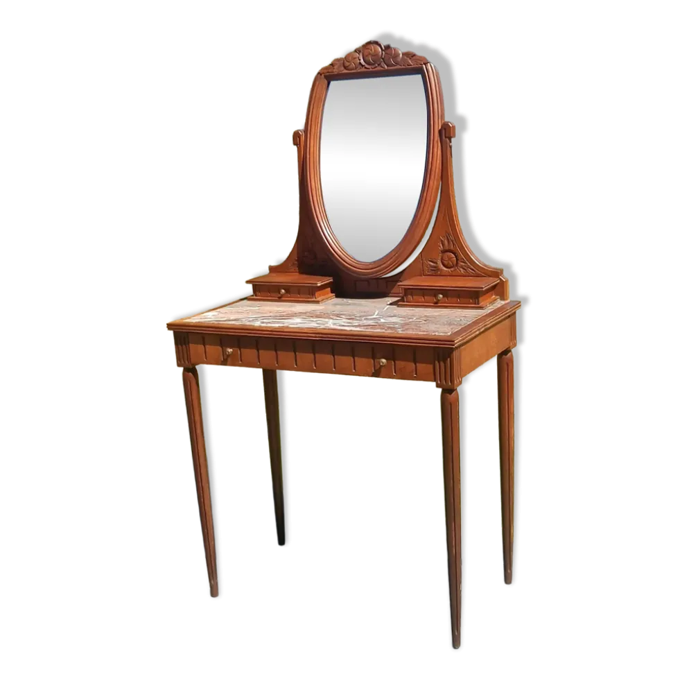 Coiffeuse Art déco en chêne, plateau en marbre et miroir pivotant