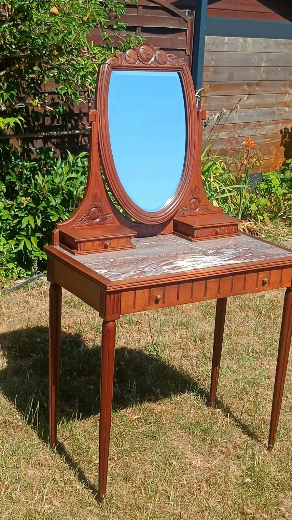 Coiffeuse Art déco en chêne, plateau en marbre et miroir pivotant