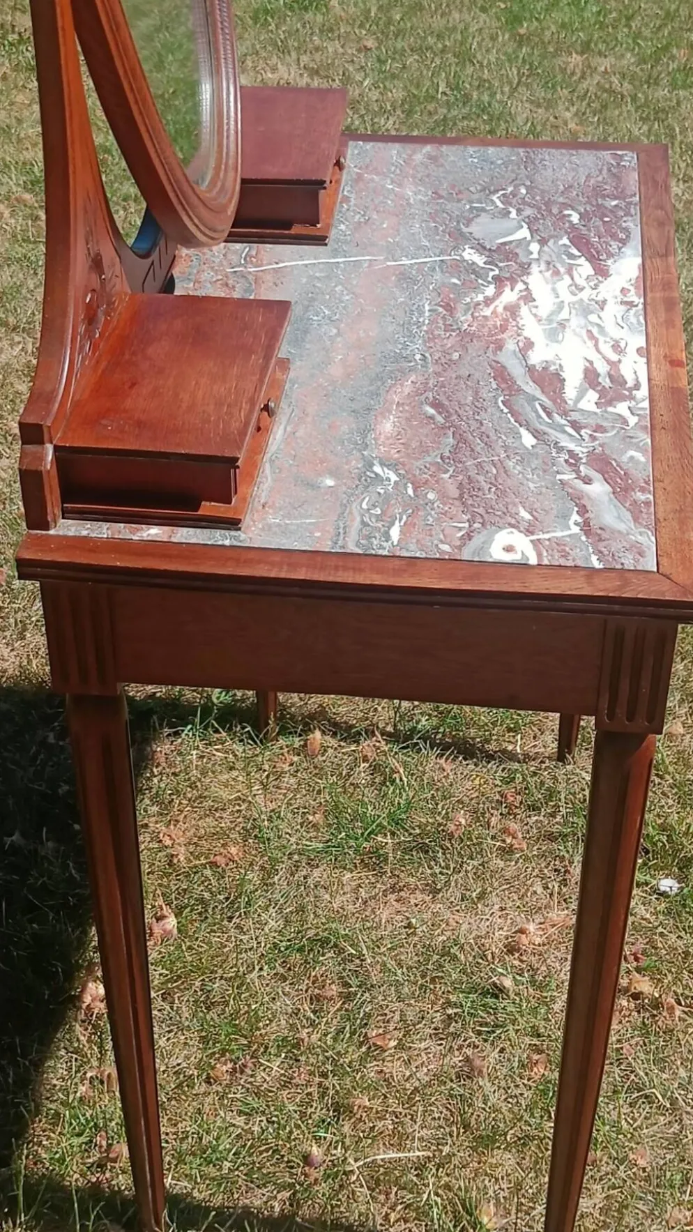 Coiffeuse Art déco en chêne, plateau en marbre et miroir pivotant