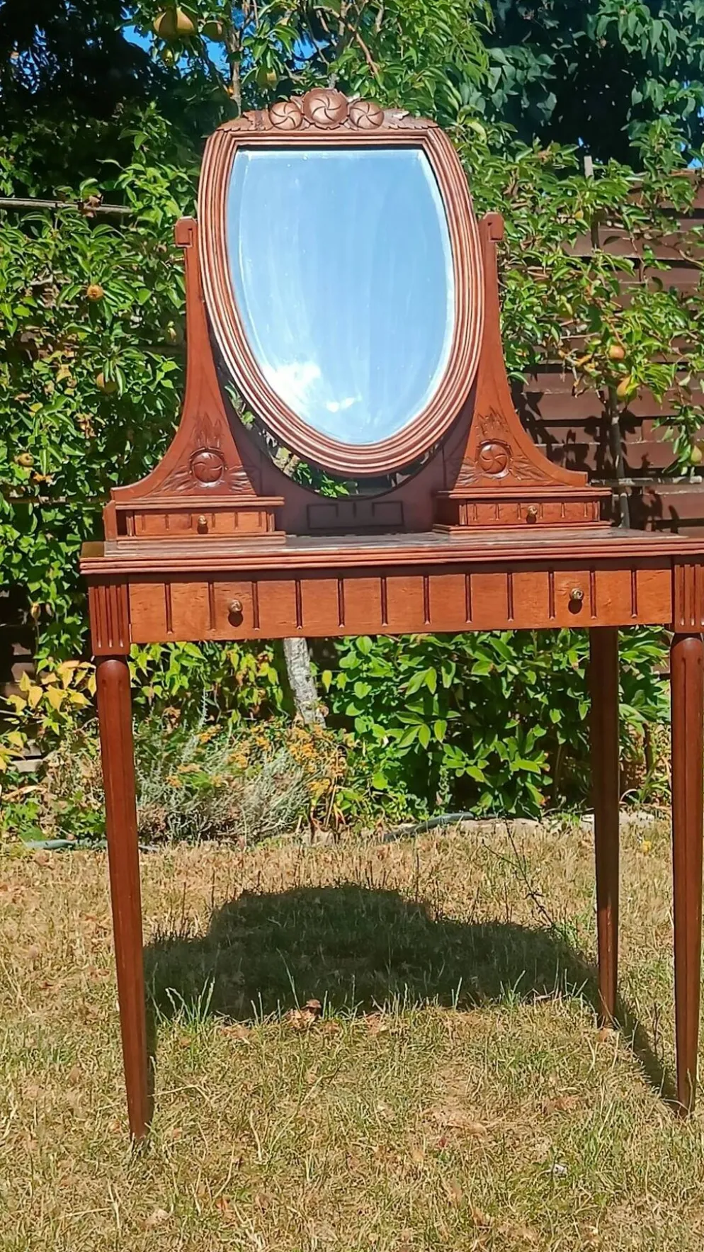 Coiffeuse Art déco en chêne, plateau en marbre et miroir pivotant