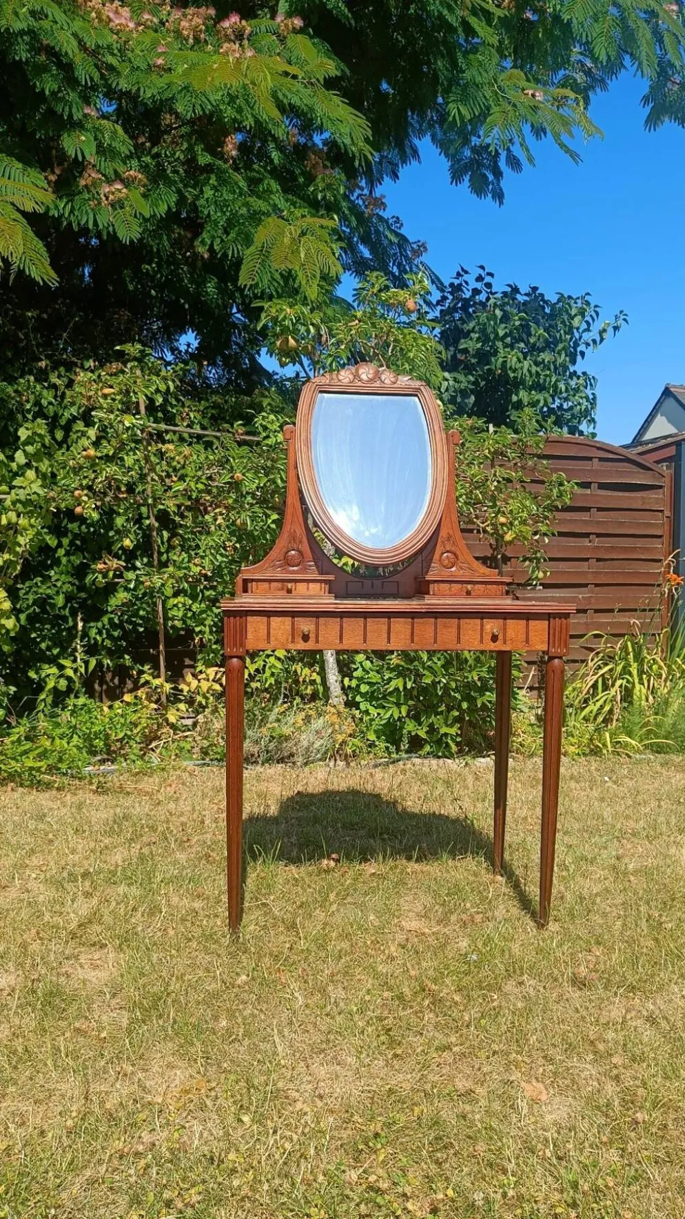 Coiffeuse Art déco en chêne, plateau en marbre et miroir pivotant