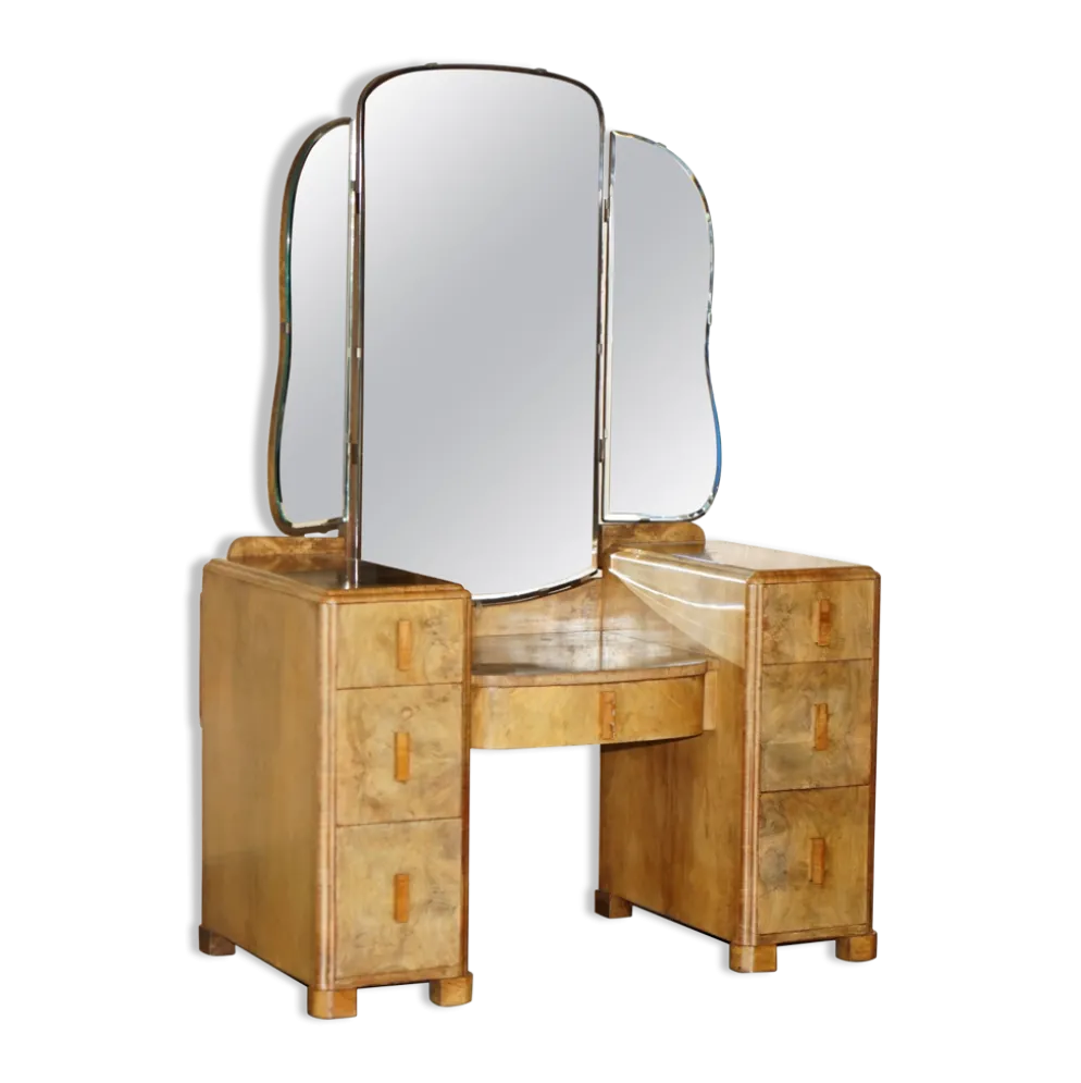 Coiffeuse Art Déco en noyer satiné avec miroir, vers 1930