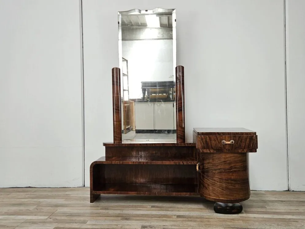 Coiffeuse Art Déco en racine de noyer avec miroir