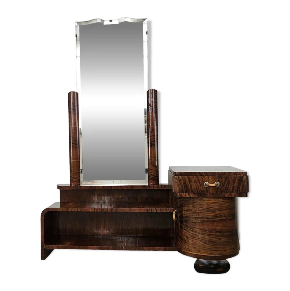 Coiffeuse Art Déco en racine de noyer avec miroir