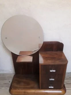 Coiffeuse Art Déco noyer massif placage 3 tiroirs miroir