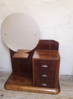 Coiffeuse Art Déco noyer massif placage 3 tiroirs miroir