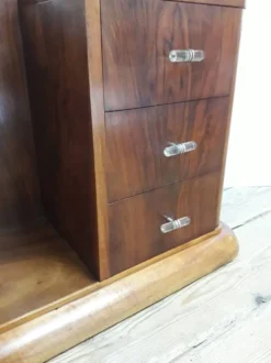Coiffeuse Art Déco noyer massif placage 3 tiroirs miroir