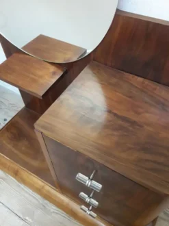 Coiffeuse Art Déco noyer massif placage 3 tiroirs miroir