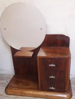 Coiffeuse Art Déco noyer massif placage 3 tiroirs miroir