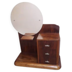 Coiffeuse Art Déco noyer massif placage 3 tiroirs miroir