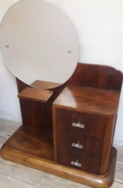 Coiffeuse Art Déco noyer massif placage 3 tiroirs miroir