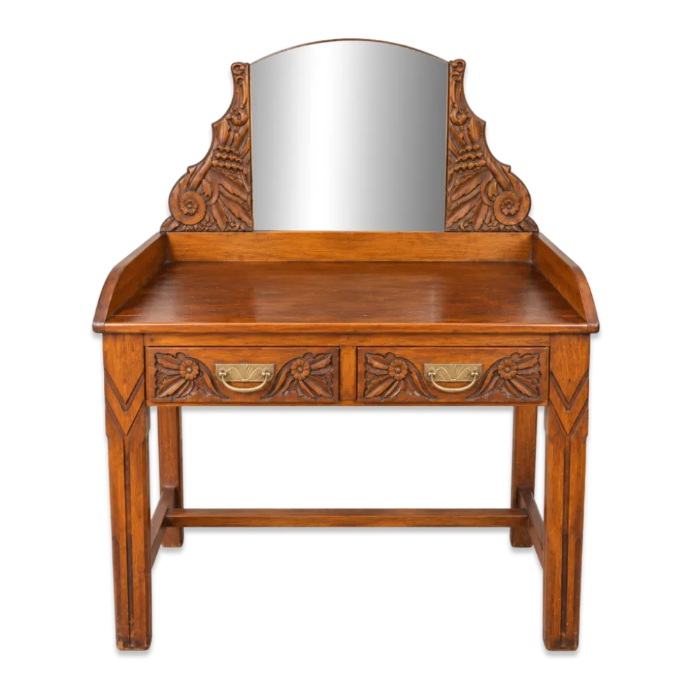 Coiffeuse Art Nouveau en bois sculpté avec miroir – début XXe