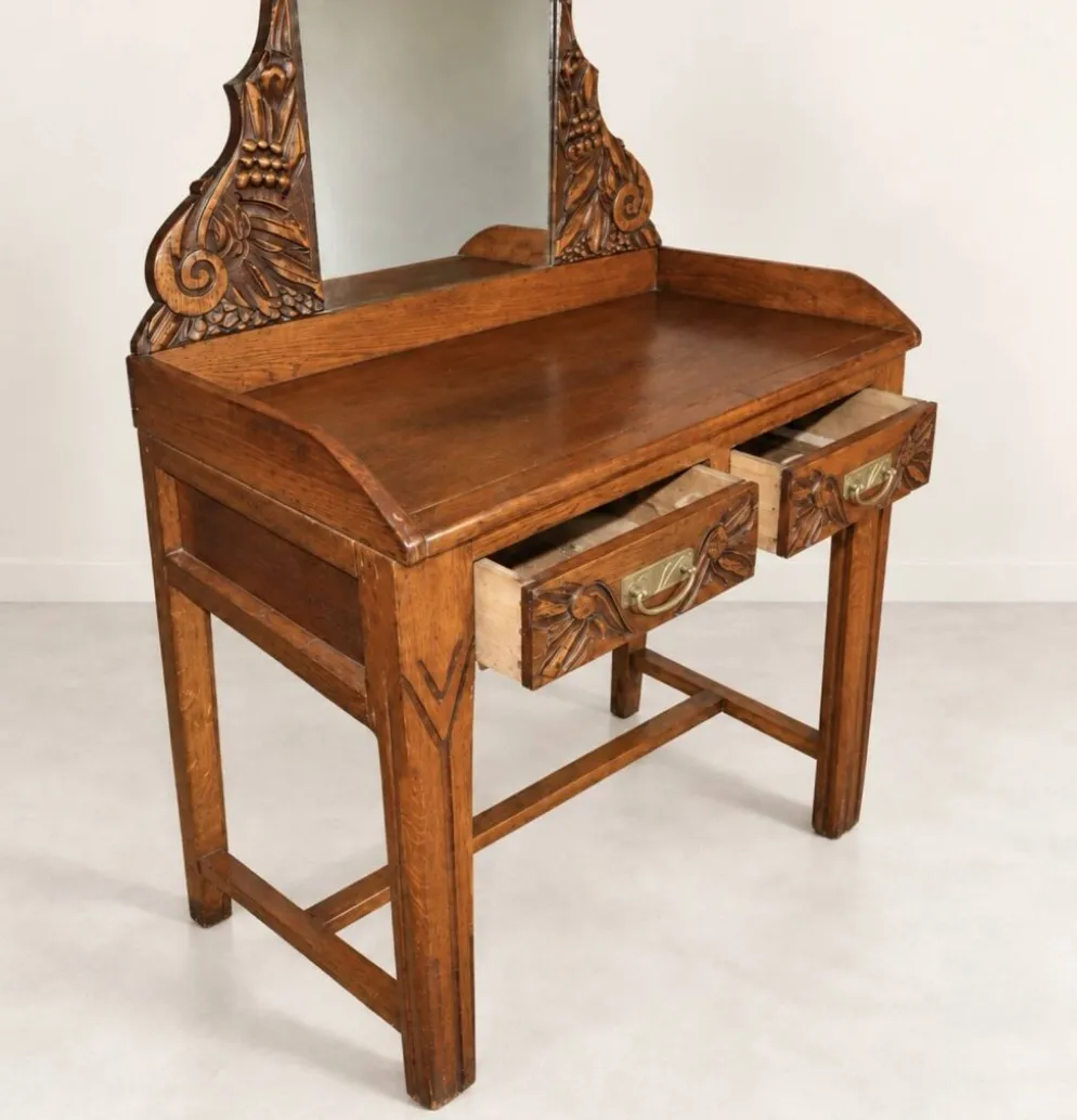 Coiffeuse Art Nouveau en bois sculpté avec miroir – début XXe