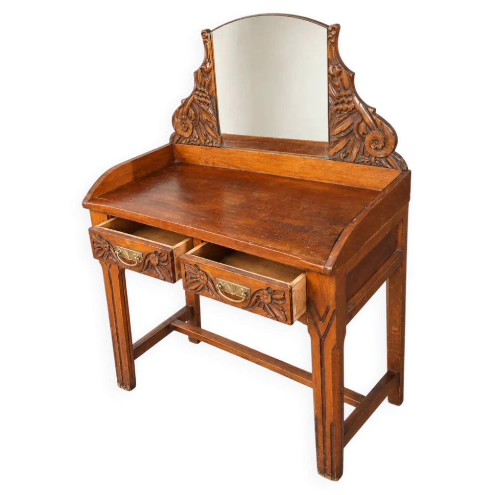 Coiffeuse Art Nouveau en bois sculpté avec miroir – début XXe
