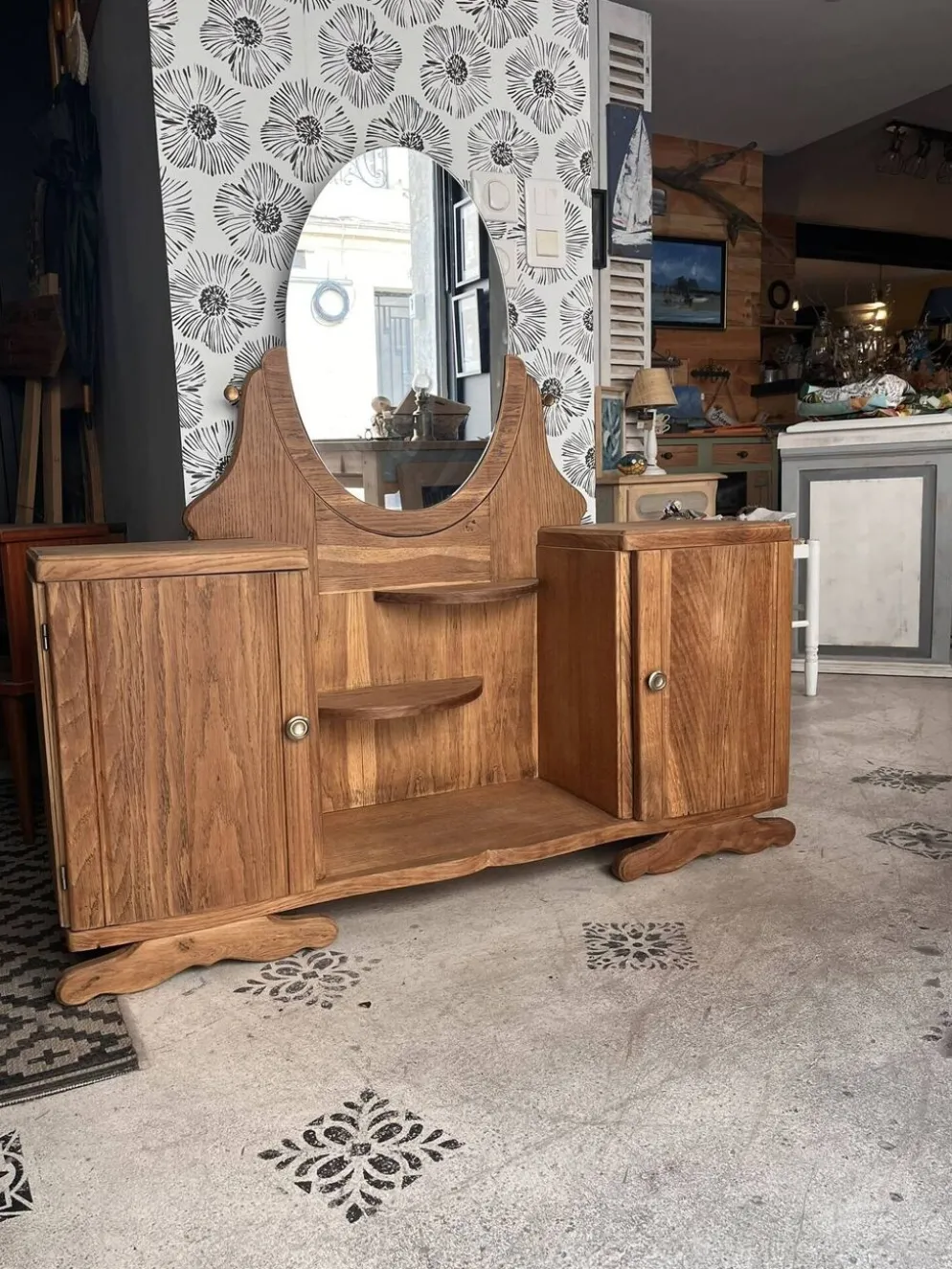 Coiffeuse buffet vintage Art Déco Mélissande 2 portes et miroir