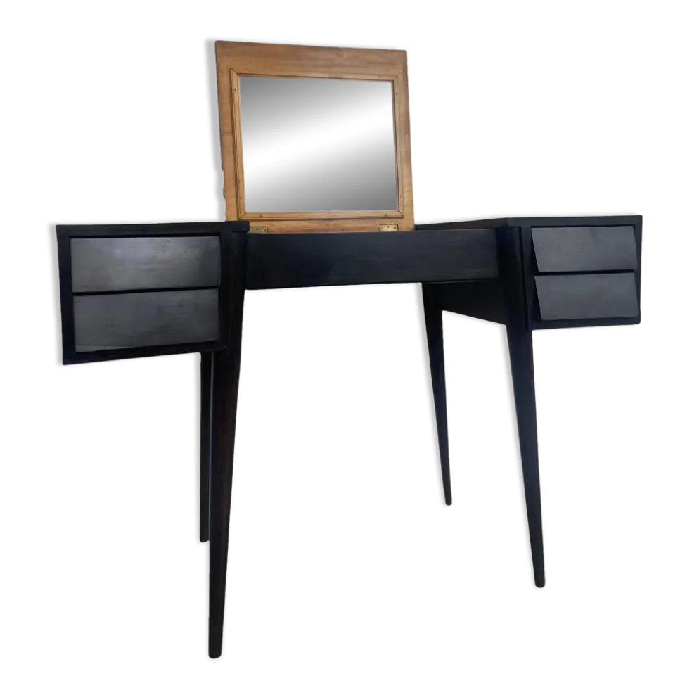 Coiffeuse/Bureau vintage des années 1950 en bois massif, style Gio Ponti avec miroir.