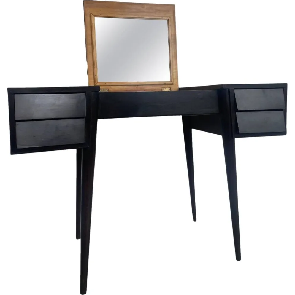 Coiffeuse/Bureau vintage des années 1950 en bois massif, style Gio Ponti avec miroir.