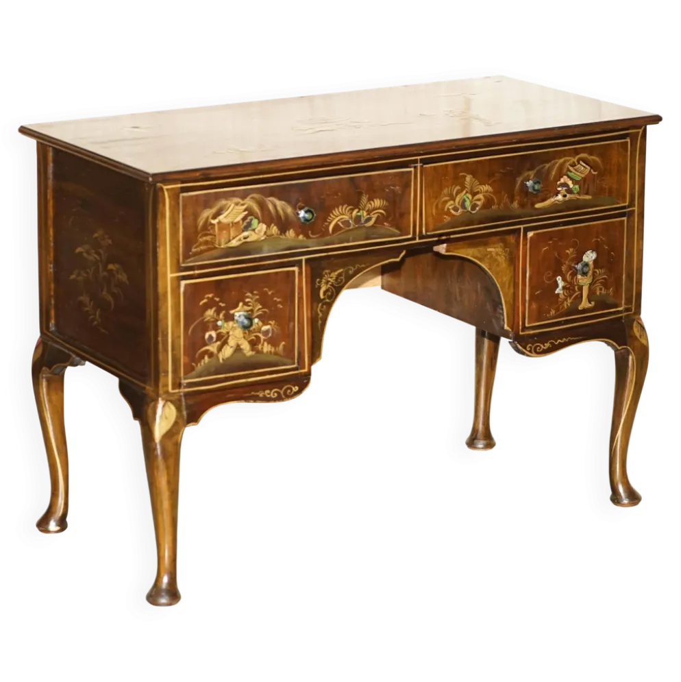 Coiffeuse chinoise circa 1920 en noyer avec décoration Chinoiserie