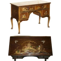 Coiffeuse chinoise circa 1920 en noyer avec décoration Chinoiserie