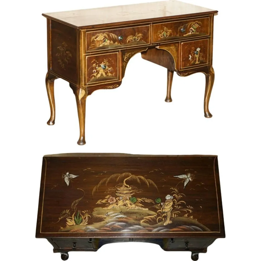 Coiffeuse chinoise circa 1920 en noyer avec décoration Chinoiserie