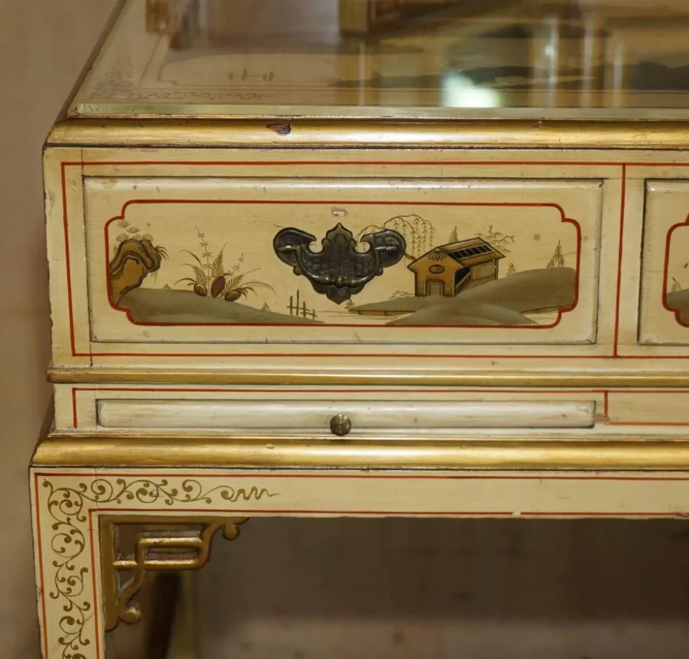 Coiffeuse chinoiserie en noyer avec tabouret