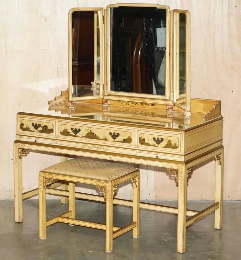 Coiffeuse chinoiserie en noyer avec tabouret