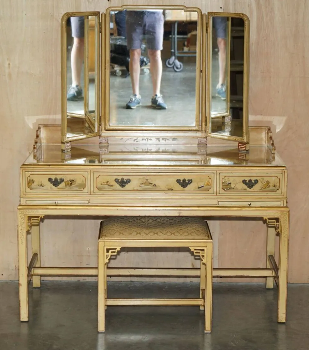 Coiffeuse chinoiserie en noyer avec tabouret