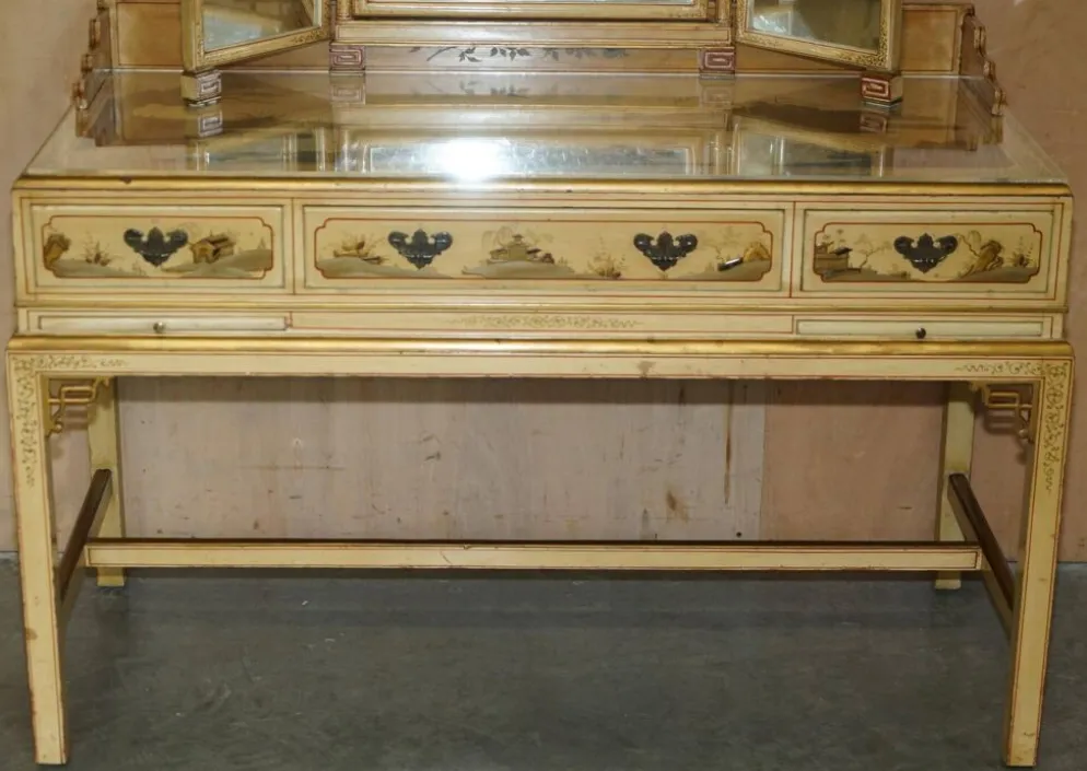 Coiffeuse chinoiserie en noyer avec tabouret