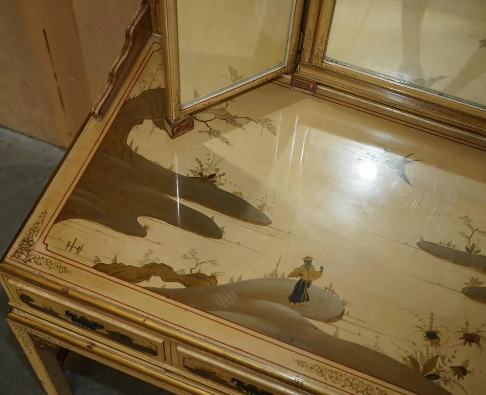 Coiffeuse chinoiserie en noyer avec tabouret
