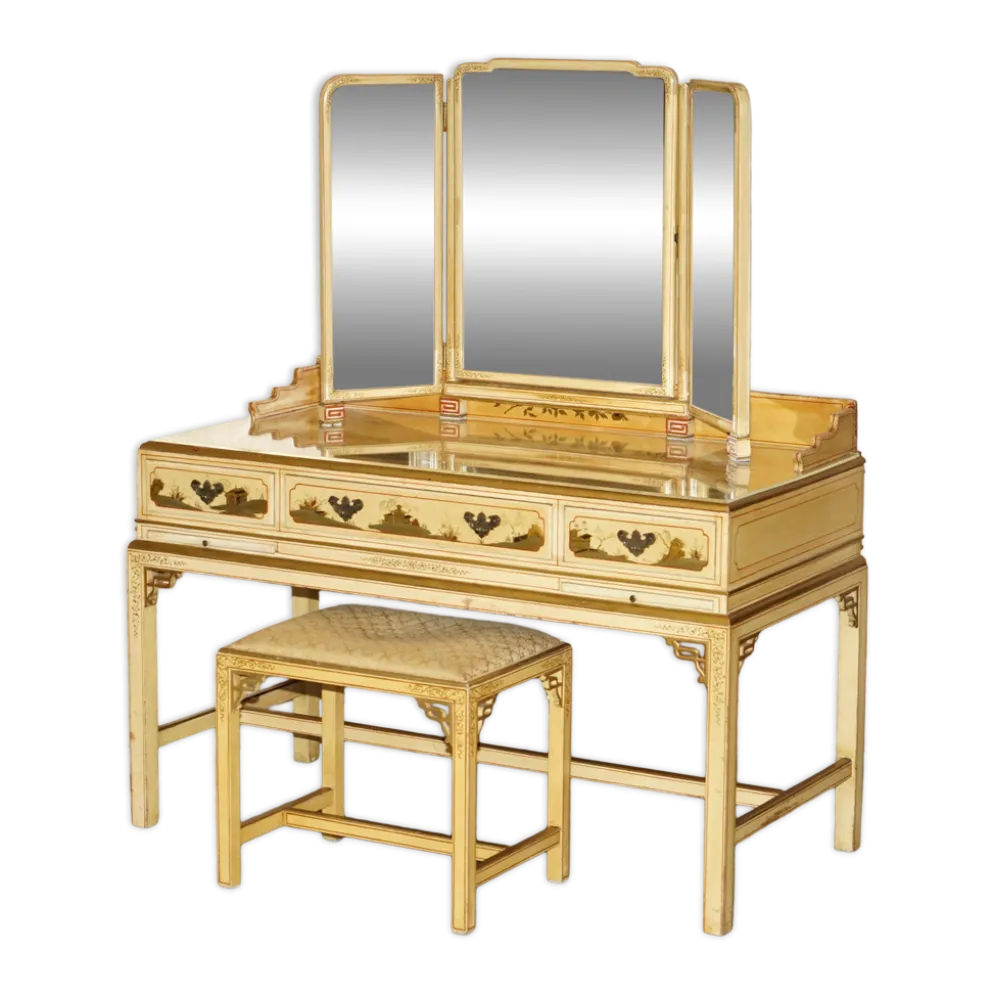 Coiffeuse chinoiserie en noyer avec tabouret