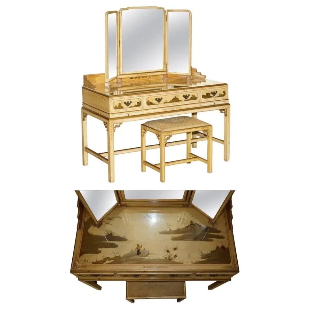 Coiffeuse chinoiserie en noyer avec tabouret