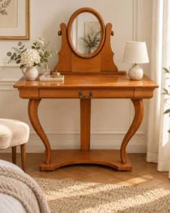 Coiffeuse Console en merisier avec miroir ovale orientable