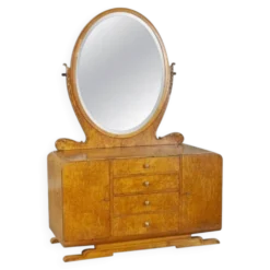 Coiffeuse du début du 20e siècle en placage de bouleau de Carélie avec miroir ovale, années 1950.