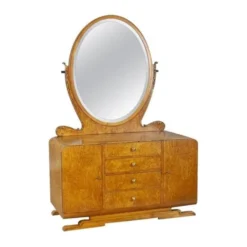 Coiffeuse du début du 20e siècle en placage de bouleau de Carélie avec miroir ovale, années 1950.