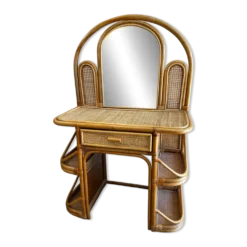 Coiffeuse en bambou et rotin avec tiroir et miroir, années 1970, style moderne du milieu du siècle.