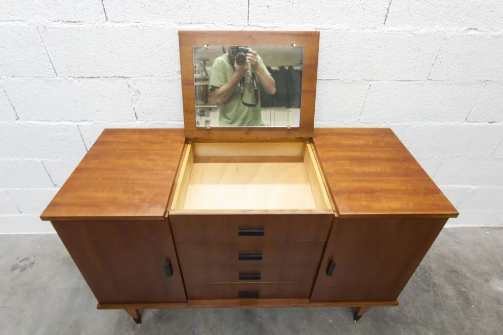 Coiffeuse enfilade teck 1960 4 tiroirs 2 portes et miroir