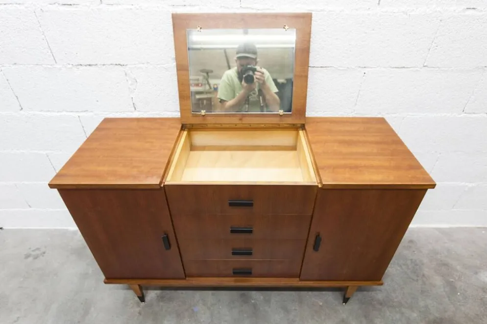 Coiffeuse enfilade teck 1960 4 tiroirs 2 portes et miroir