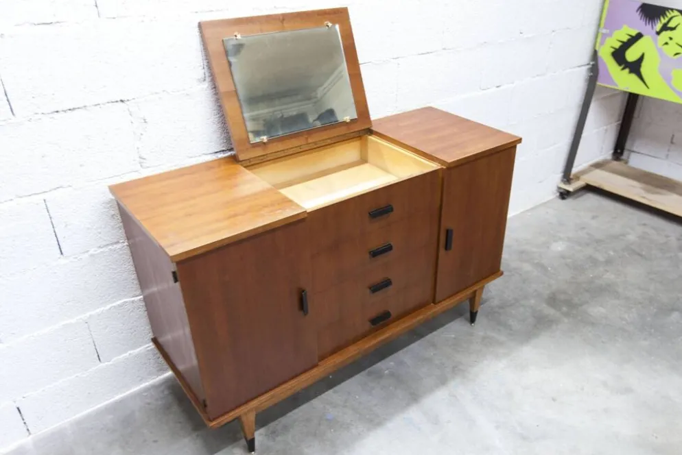 Coiffeuse enfilade teck 1960 4 tiroirs 2 portes et miroir