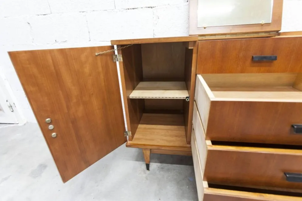 Coiffeuse enfilade teck 1960 4 tiroirs 2 portes et miroir