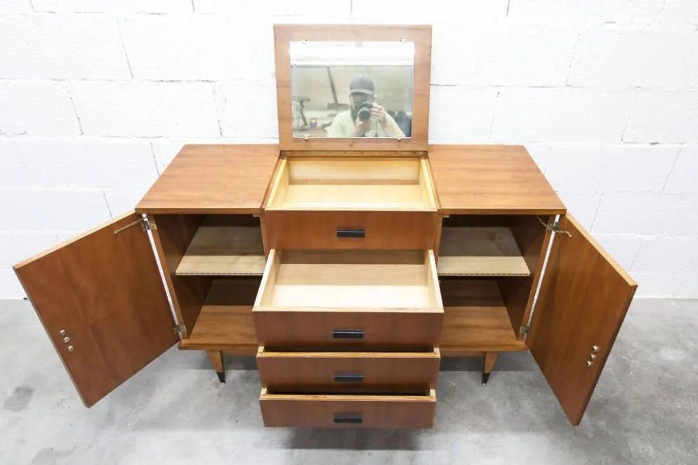 Coiffeuse enfilade teck 1960 4 tiroirs 2 portes et miroir