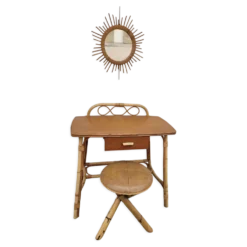 Coiffeuse en rotin vintage 1950 avec miroir soleil